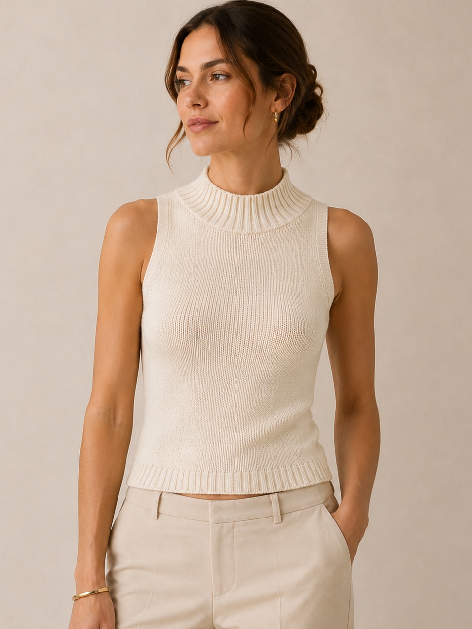 Anthropologie Mock Neck Sweater Tank Xs Ivory Knit Sleeveless Top
